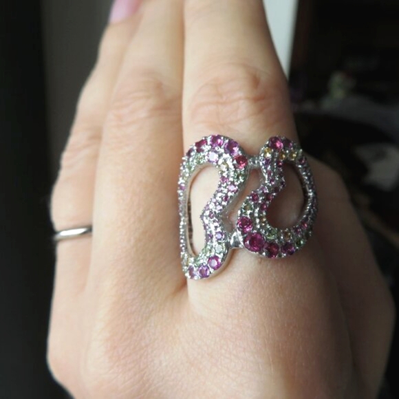 Double Heart Rhodolite Garnet Peridot Gemstone 925 Sterling Silver Ring Size 9 - Picture 9 of 15